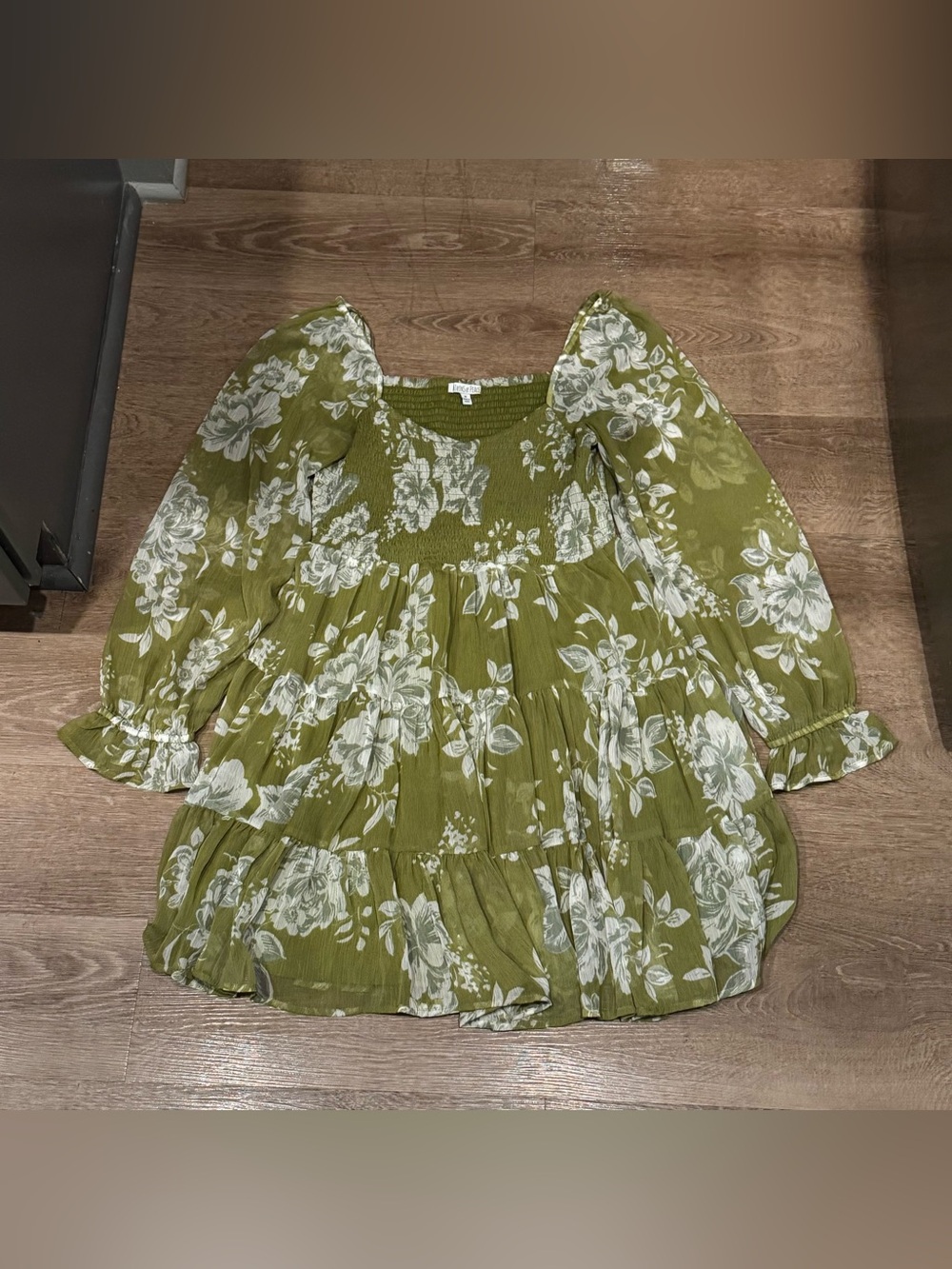Patrons of Peace Olive Green & White Floral Tiered Midi Dress